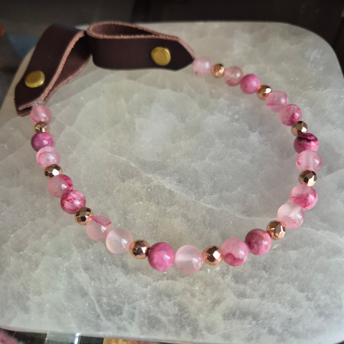 Frontal en Perles Jade Cerise et Hematite Rose