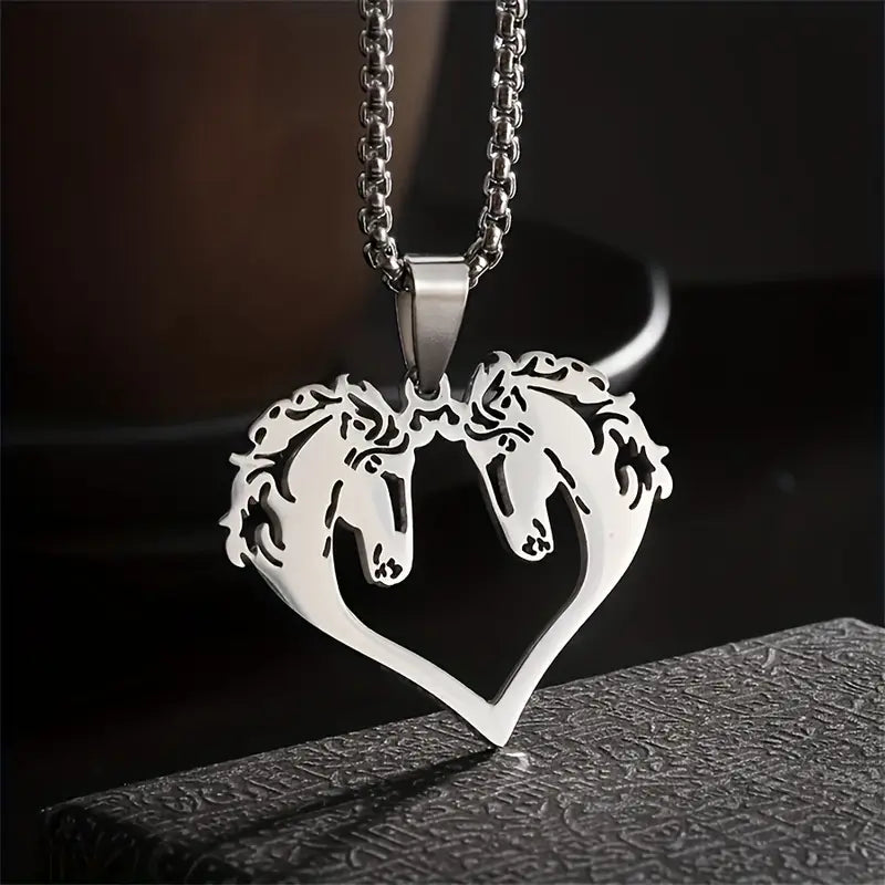 Collier 2 Tetes Cheval en Coeur Argent