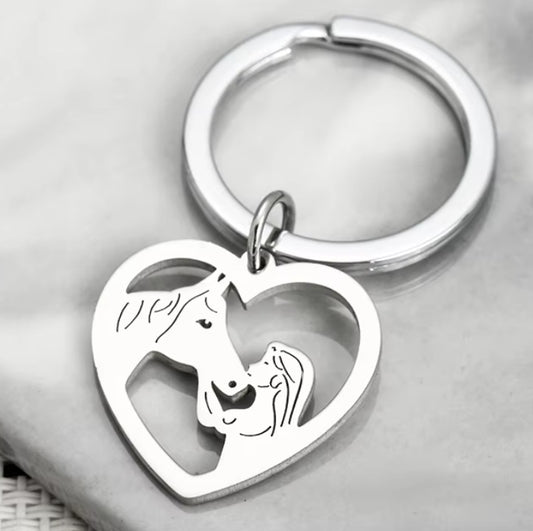 Porte Cles Coeur avec Tete de Cheval et Fille