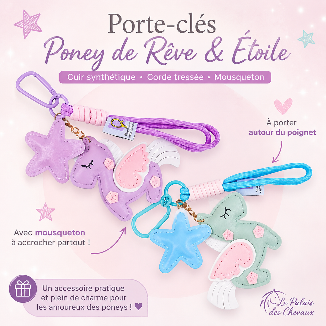 Porte-clés Poney de Rêve & Étoile – Cuir Synthétique & Corde Tressée