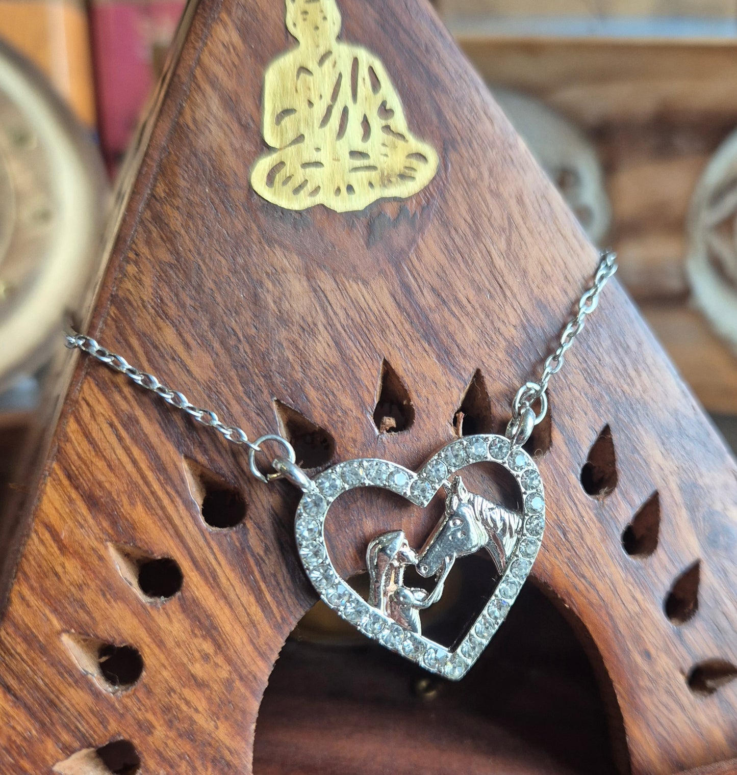 Pendentif Cœur avec Fille et Tête de Cheval et Strass Argenté