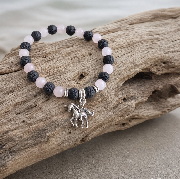 Bracelet Enfant en Pierre de Lave et Quartz Rose avec Licorne