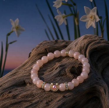 Bracelet en Quartz Pêche avec Fer à Cheval Doré et Strass