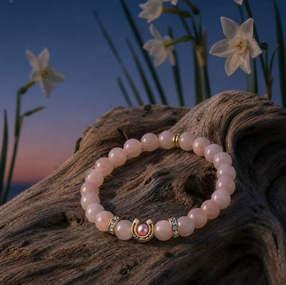 Bracelet en Quartz Pêche avec Fer à Cheval Doré et Strass