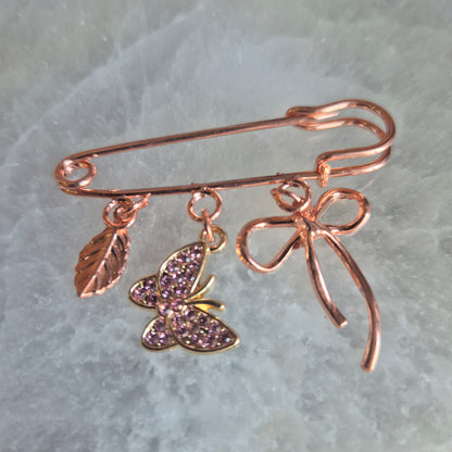 Broche a Tapis Or Rose Papillon Rose Strass