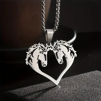 Collier 2 Tetes Cheval en Coeur Argent
